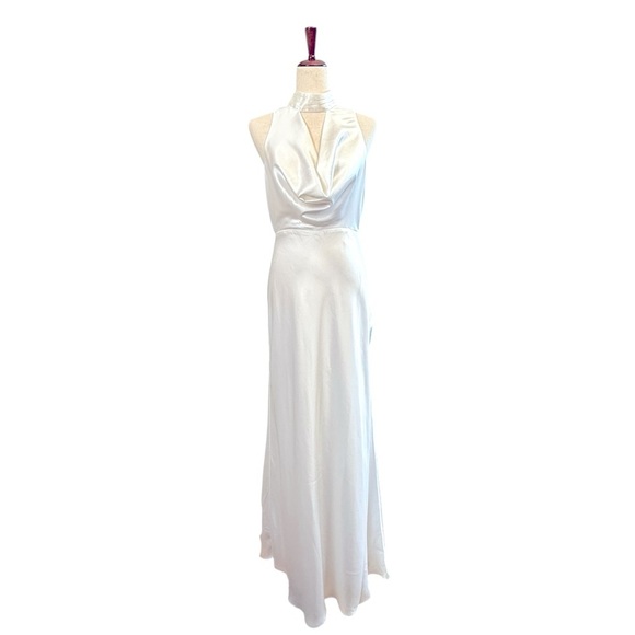 NEW Lulus Gorgeous Vow White Satin Mock Neck Cowl Mermaid Maxi Dress Med. #1552 - Picture 5 of 10